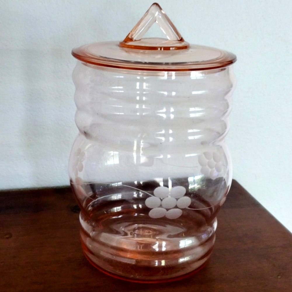 VERY RARE ANTIQUE Cookie Biscuit Jar Pink Dunbar Glass Etched Flower Design